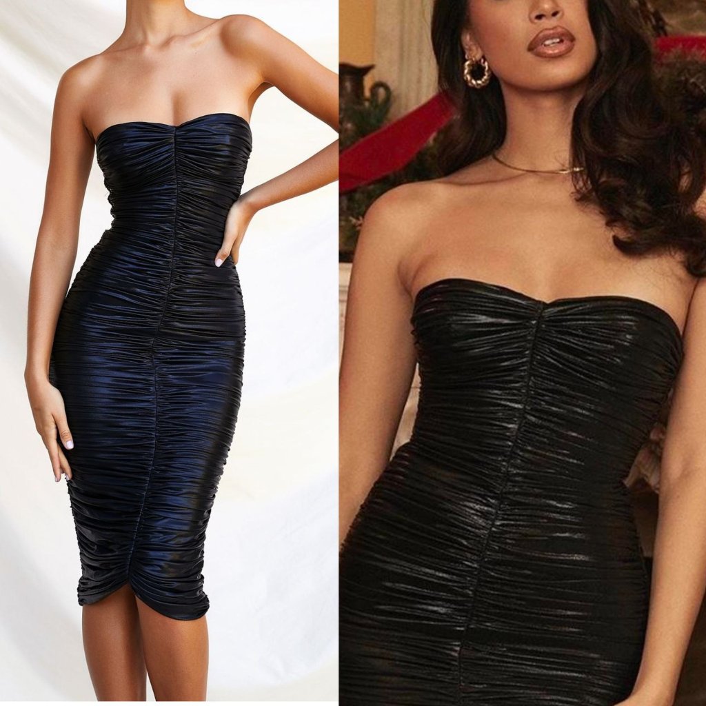 Whimsigoth House Of Cb Size Xs New Black Marli Ruched Satin Strapless Midi Dress
